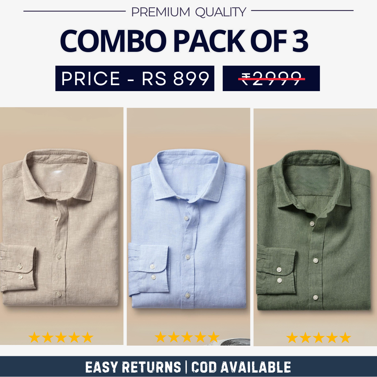 Combo Pack of 3 Men’s Formal Shirts – Stylish & Versatile Collection (Half & Full Sleeves, With/Without Pockets) (FS-51)
