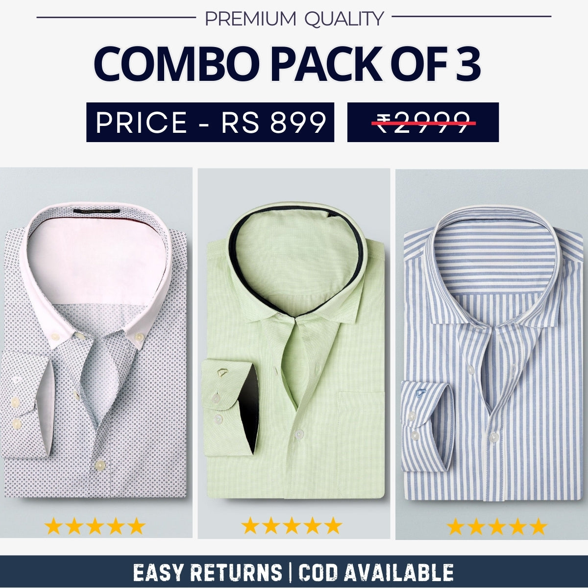 Combo Pack of 3 Men’s Formal Shirts – Stylish & Versatile Collection (Half & Full Sleeves, With/Without Pockets) (FS-47)