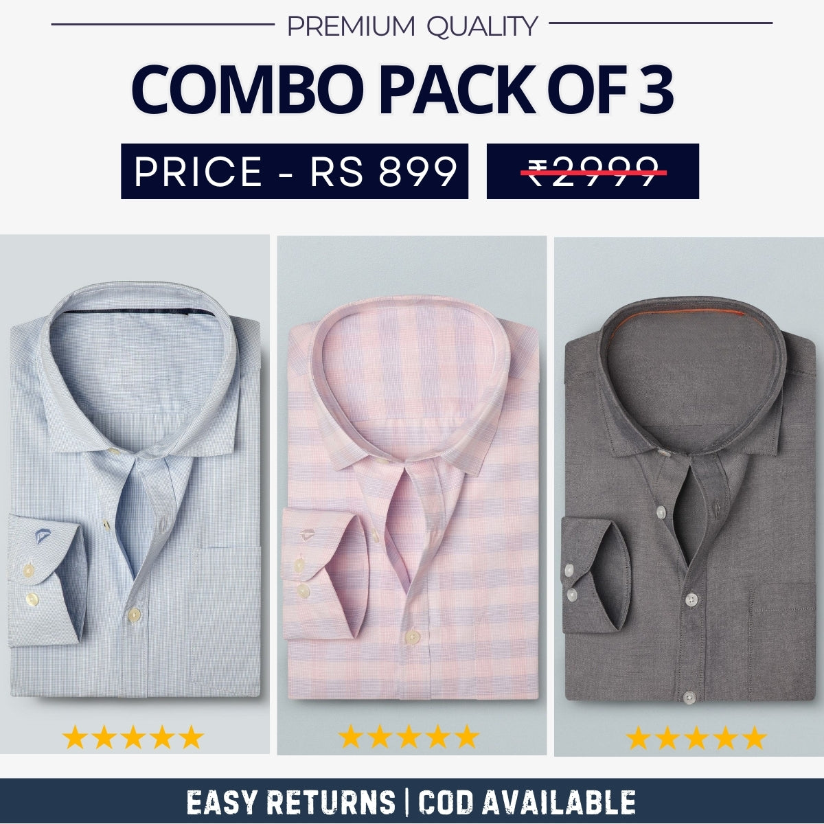 Combo Pack of 3 Men’s Formal Shirts – Stylish & Versatile Collection (Half & Full Sleeves, With/Without Pockets) (FS-49)