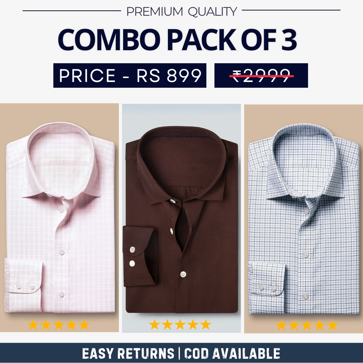 Combo Pack of 3 Men’s Formal Shirts – Stylish & Versatile Collection (Half & Full Sleeves, With/Without Pockets) (FS-78)