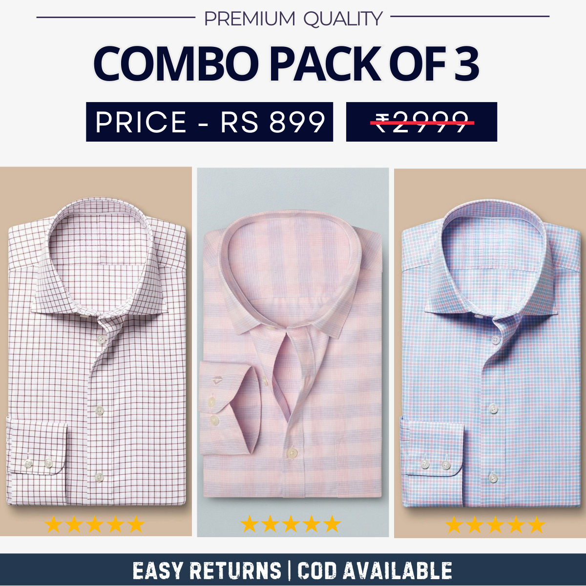 Combo Pack of 3 Men’s Formal Shirts – Stylish & Versatile Collection (Half & Full Sleeves, With/Without Pockets) (FS-44)